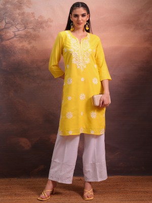 Vishudh Women Solid Straight Kurta(Yellow)