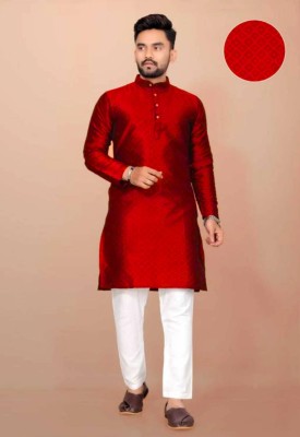 Krudha Creation Men Self Design Straight Kurta(Red)