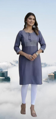 Anitagoft Women Embroidered Straight Kurta(Grey)