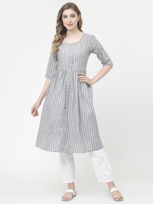 VINH FASHION Women Striped A-line Kurta(White, Grey)