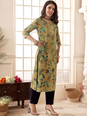ANOUK Women Printed Straight Kurta(Beige)