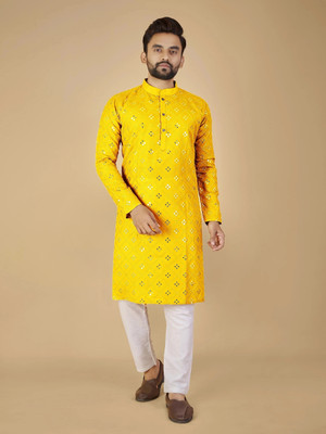 MENSKURTA Men Embellished A-line Kurta(Yellow)