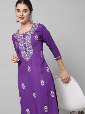 Threadkaari Women Chikan Embroidery A-line Kurta(Purple, White)