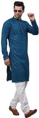 BDIVINE Men Embroidered A-line Kurta(Blue)