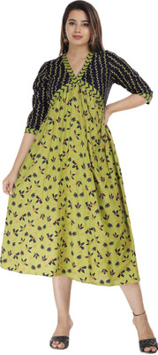 Habbu Women Floral Print Flared Kurta(Green)