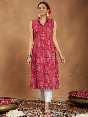 Janasya Women Geometric Print Straight Kurta(Red)
