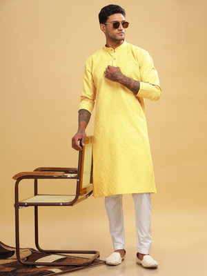 ANOUK Men Abstract Straight Kurta(Yellow)