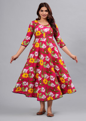 ANNEIV Women Floral Print Anarkali Kurta(Pink)
