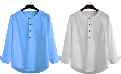 GAINELL Men Solid Straight Kurta(Light Blue, White)