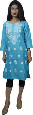 SK chikan Women Embroidered A-line Kurta(Light Blue)