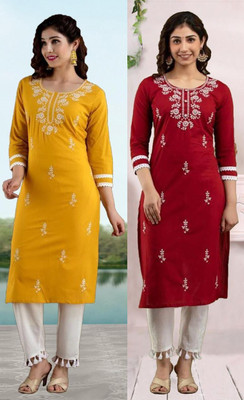 vikshi Women Chikan Embroidery Straight Kurta(Multicolor)