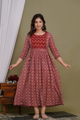 Tulsiram Women Printed Anarkali Kurta(Maroon, Orange)