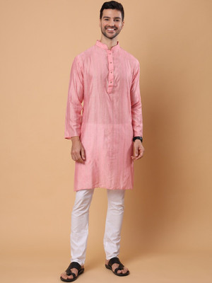 House of Pataudi Men Embroidered Straight Kurta(Pink)