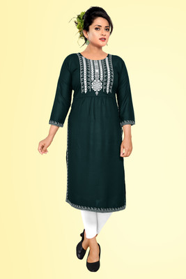 Haya Women Embroidered Straight Kurta(Green)