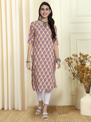 EthnicBasket Women Printed Straight Kurta(Beige)