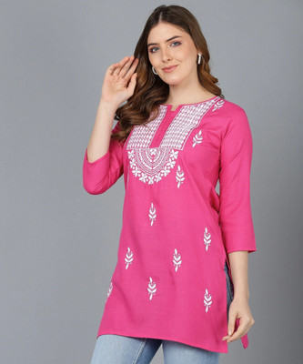 TOP N THREAD Women Chikan Embroidery, Embroidered, Self Design Straight Kurta(Pink)