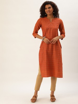 Fourleaf Women Checkered Straight Kurta(Brown)