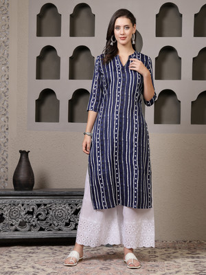 Stylum Women Striped Straight Kurta(Blue)