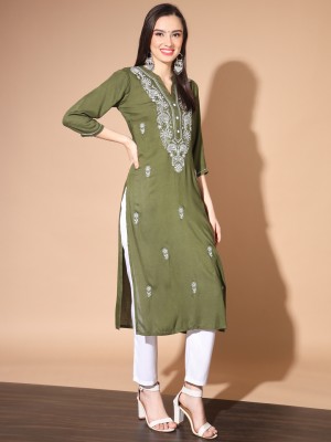 Threadkaari Women Chikan Embroidery A-line Kurta(Green)