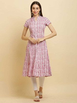 PSMAAG Women Block Print A-line Kurta(Pink)