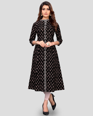 VBUYZ Women Printed Flared Kurta(Black)