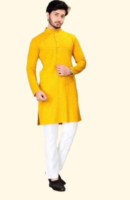 M DRESSES Men Embellished A-line Kurta(Yellow)
