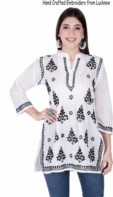Adab chikan handicraft Women Chikan Embroidery A-line Kurta(White, Black)