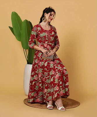 Gulmohar Jaipur Women Printed Flared Kurta(Maroon)