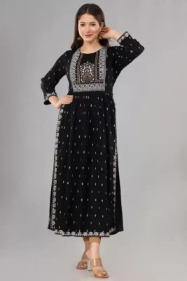 Ganesham Women Printed A-line Kurta(Black)