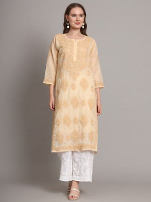 TheChikanLabel Women Embroidered Straight Kurta(Beige)