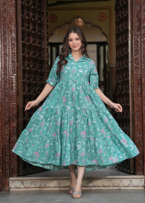 Ananya Fashion Women Printed Flared Kurta(Light Green)