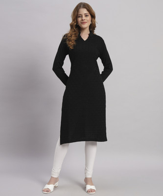 DRESSBASE Women Self Design Straight Kurta(Black)