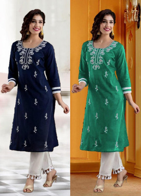 vikshi Women Chikan Embroidery Straight Kurta(Multicolor)