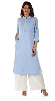 Anutarra Women Embroidered Straight Kurta(Blue)