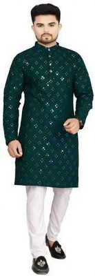 Nellist Men Embroidered A-line Kurta(Green)