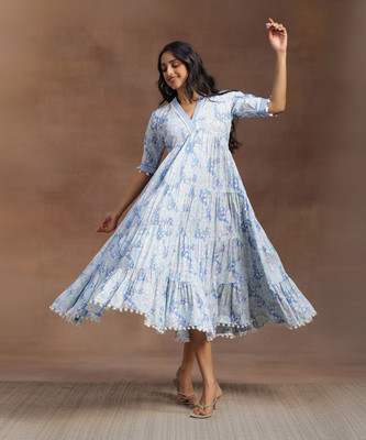 LIBAS Women Printed A-line Kurta(Blue)