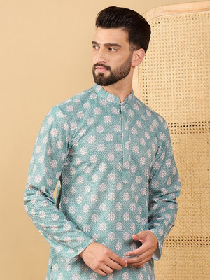 House of Pataudi Men Printed Straight Kurta(Light Blue)