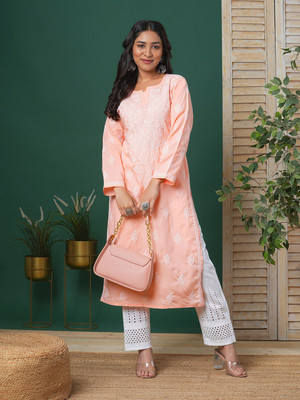 ADA Women Embroidered Straight Kurta(Pink)