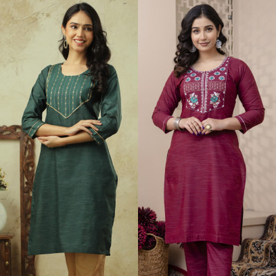 AuzaSho Collection Women Embroidered Straight Kurta(Multicolor)