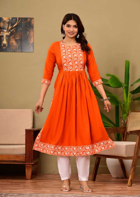 Diwikj Women Embroidered, Printed A-line Kurta(Orange)