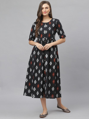 Stylum Women Printed Flared Kurta(Black)