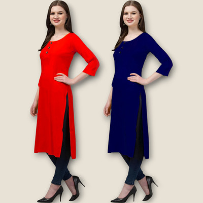 Coft Women Solid Straight Kurta(Red, Dark Blue)