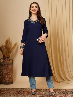 Globus Women Solid A-line Kurta(Blue)