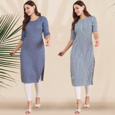 1 Stop Fashion Women Printed A-line Kurta(Blue, White)