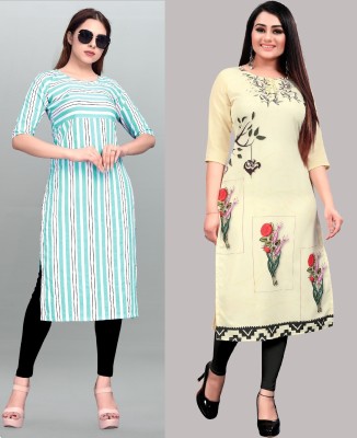 Modli 20 Fashion Women Floral Print Straight Kurta(Light Blue, Beige)