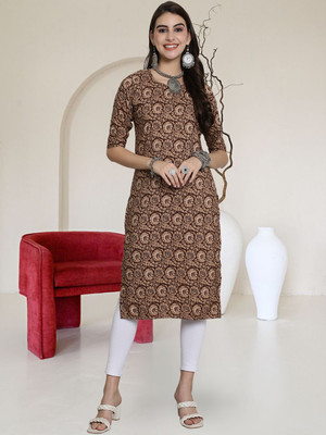 EthnicBasket Women Printed Straight Kurta(Beige)
