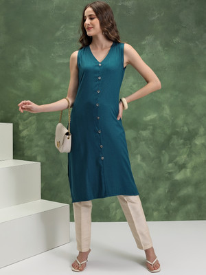 Vishudh Women Solid Straight Kurta(Blue)