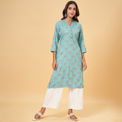 Rangmanch by Pantaloons Women Printed Straight Kurta(Blue)