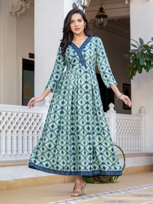 ARADHNA Women Printed Anarkali Kurta(Green, Blue)