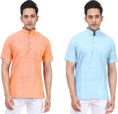 LAHSUAK Men Solid Straight Kurta(Light Blue, Orange)